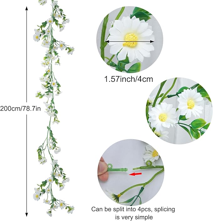 2 Pack White Flower Garland Artificial Daisy Silk Wildflower Hanging Flowers - Image 7