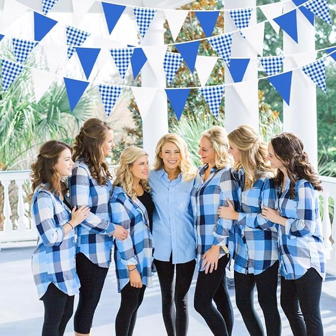 32Ft Deep Blue Party Decorations Blue Buffalo Plaid Checkered White Triangle - Image 6