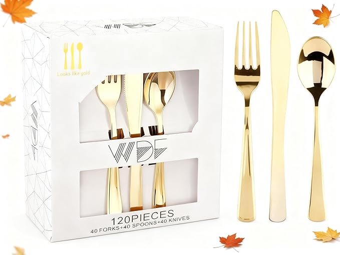WDF 120 Pieces Gold Plastic Silverware by WDF