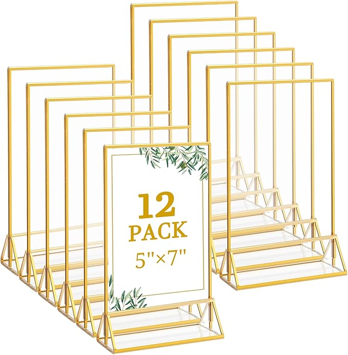 Floroom 12 Pack 5x7 Inch Clear Acrylic Sign Holders, Double-Sided Gold Display by Floroom