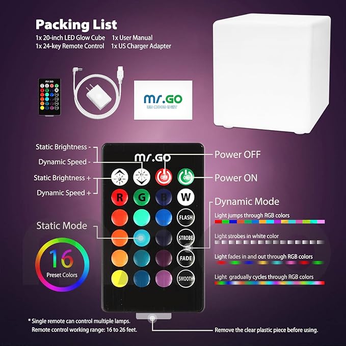 Mr.Go 20-inch LED Lighted Cube Table, Large LED Cube Chair Light, 16 RGB Colors - Image 6
