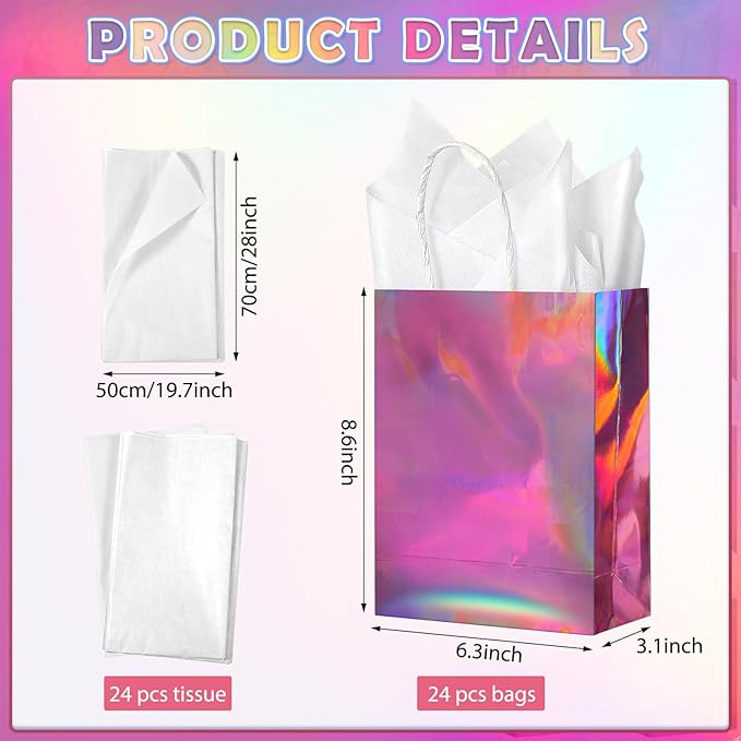 24 Pcs Iridescent Pink Gift Bags Decorations, Holographic Foil Party Favor Bags - Image 2