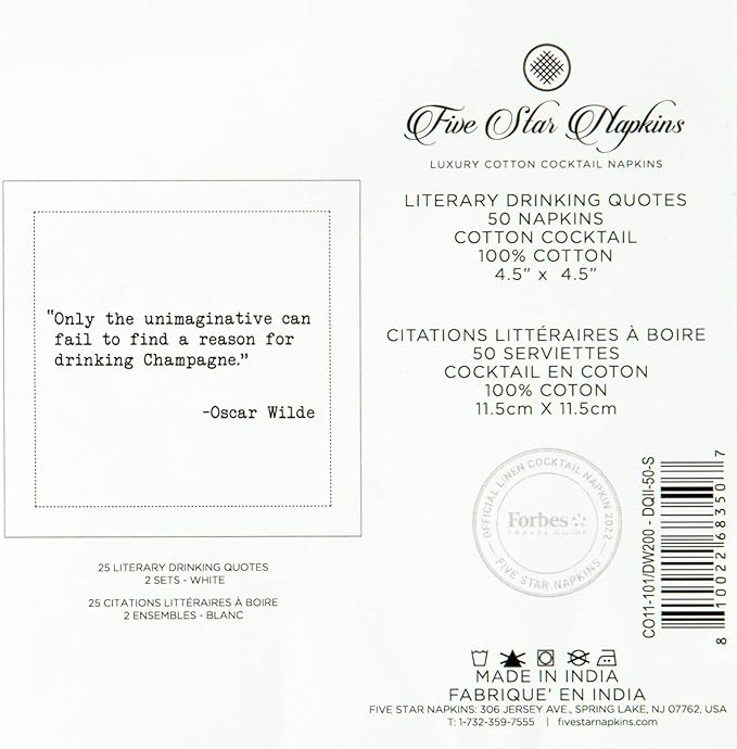 Five Star Napkins Literary Bar Quotes White Cotton Cocktail Napkins, Beverage - Image 5