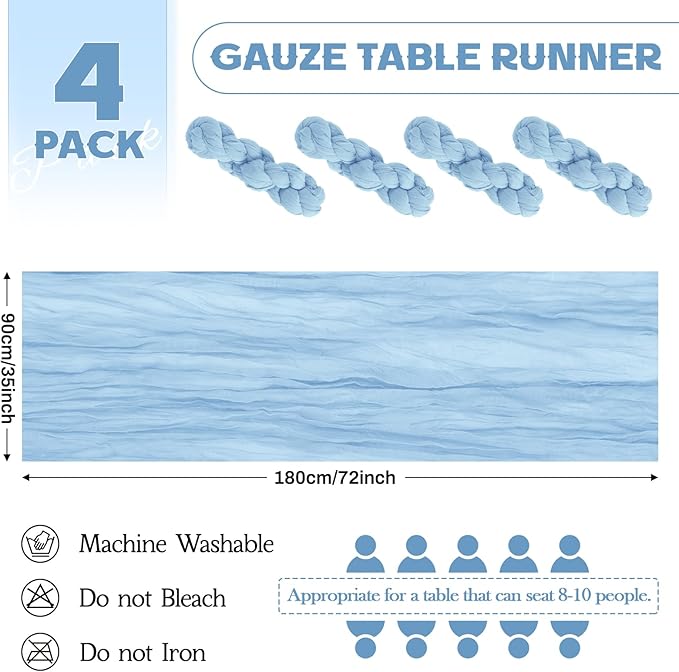 Aktor 4 Pack Light Blue Table Runner Boho Cheesecloth Table Runner Semi Sheer - Image 2
