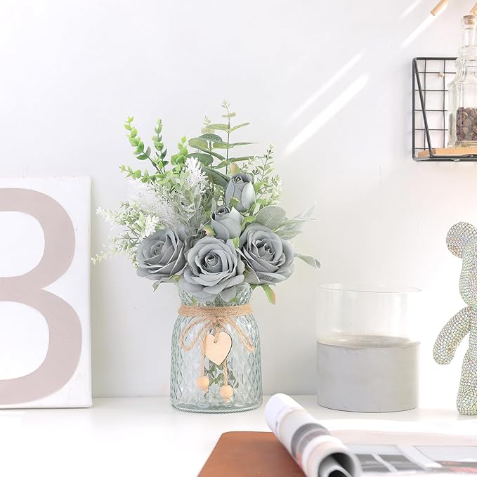Faux Flowers with Vase, Artificial Silk Roses in Vase, Fake Plant Eucalyptus - Image 3