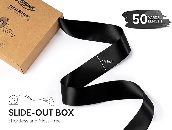 Black Satin Ribbon 1-1/2 Inch x 50 Yards Double-Faced Polyester Hair Ribbons - Image 2