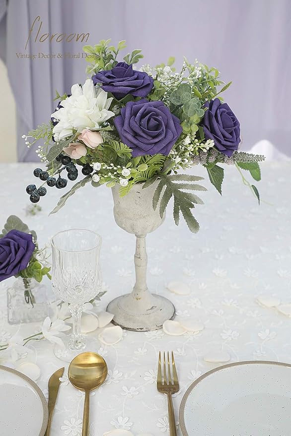 Floroom Artificial Flowers 25pcs Real Looking Violet Purple Foam Fake Roses - Image 2