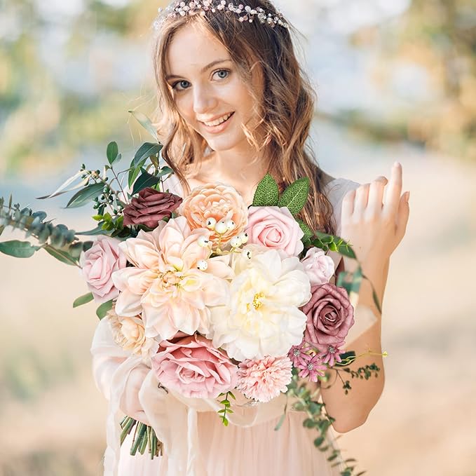 AmyHomie Blush Champagne Artificial Flowers Combo Silk Mix Peony Rose Fake - Image 2