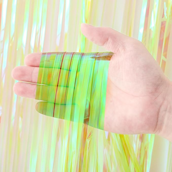 4 Pack 3.3x8.2 Feet Neon Green Foil Fringe Backdrop Curtains, Tinsel Streamers - Image 2
