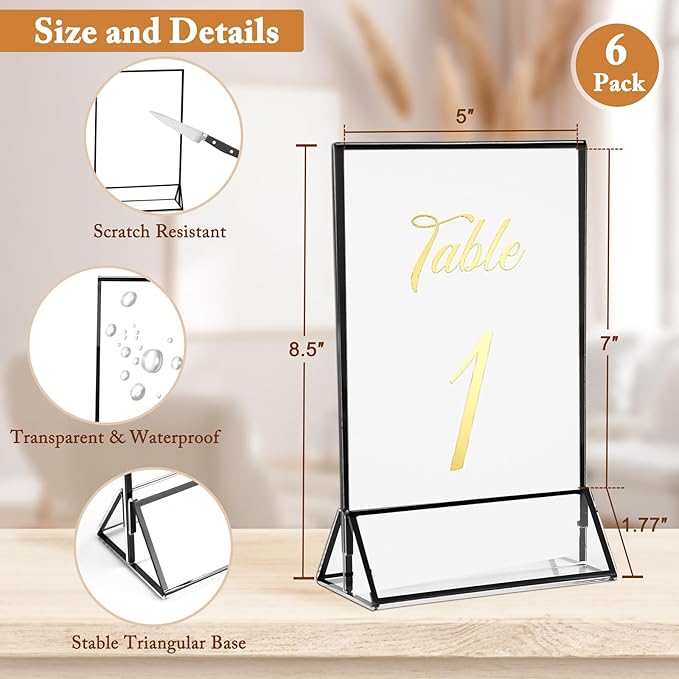 Floroom 6 Pack 5x7 Inch Clear Acrylic Sign Holders, Double-Sided Black Display - Image 2
