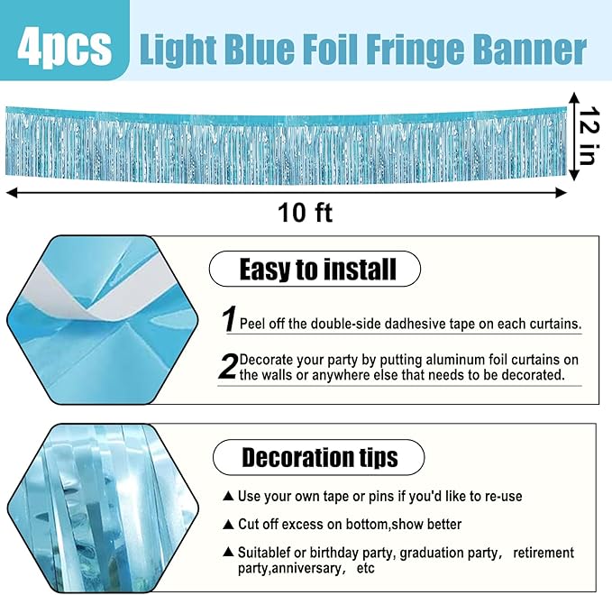 4 Pack 10 Feet Light Blue Foil Fringe Garland Metallic Tinsel Streamers Banner - Image 2