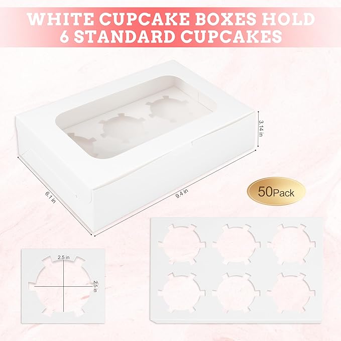 White Cupcake Boxes Holds 6 Standard Cupcake Container, 50 Packs, Pastry and - Image 2