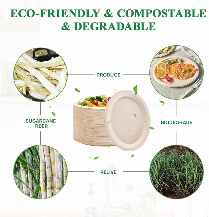 Vplus 100% Compostable Oval Paper Plates 10 inch 125 Pack Super Strong - Image 3