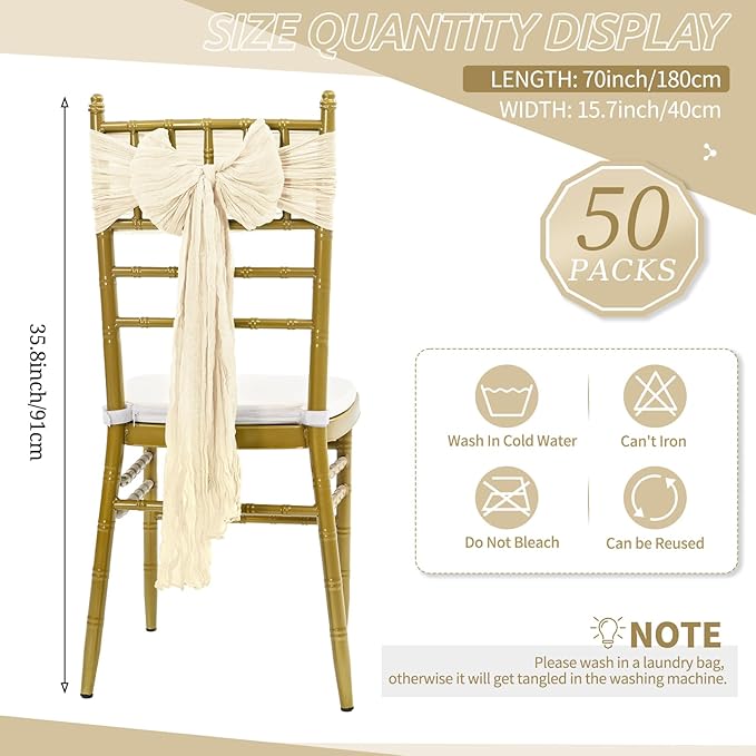 50 PCS Cheesecloth Chair Sashes Bows Wedding Aisle Decorations Chair Ribbon - Image 2