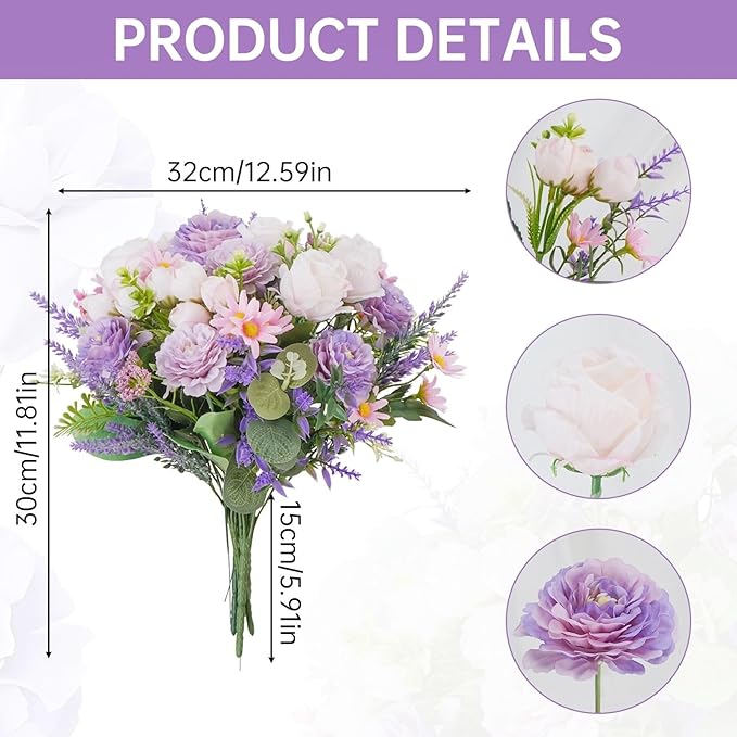 Fake Flowers Purple Artificial Silk Flower Bouquet Faux Flowers - Image 2