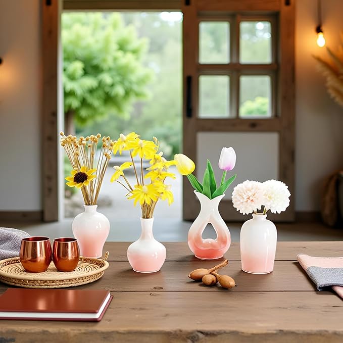 Small Ceramic Vases Decorative 4pcs Pink-White Modern Farmhouse Vase Pottery - Image 8