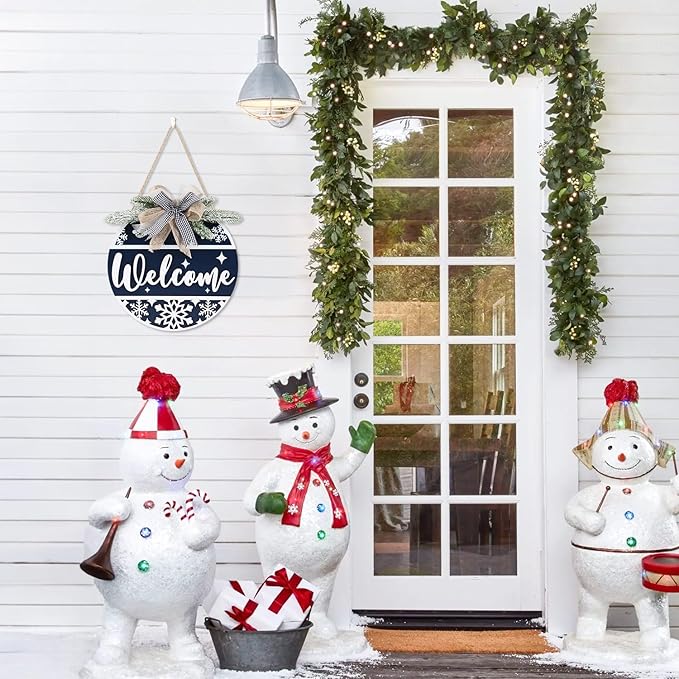 CHDITB Blue Welcome Winter Front Door Sign Wreath, Wooden 3D Welcome Home - Image 7