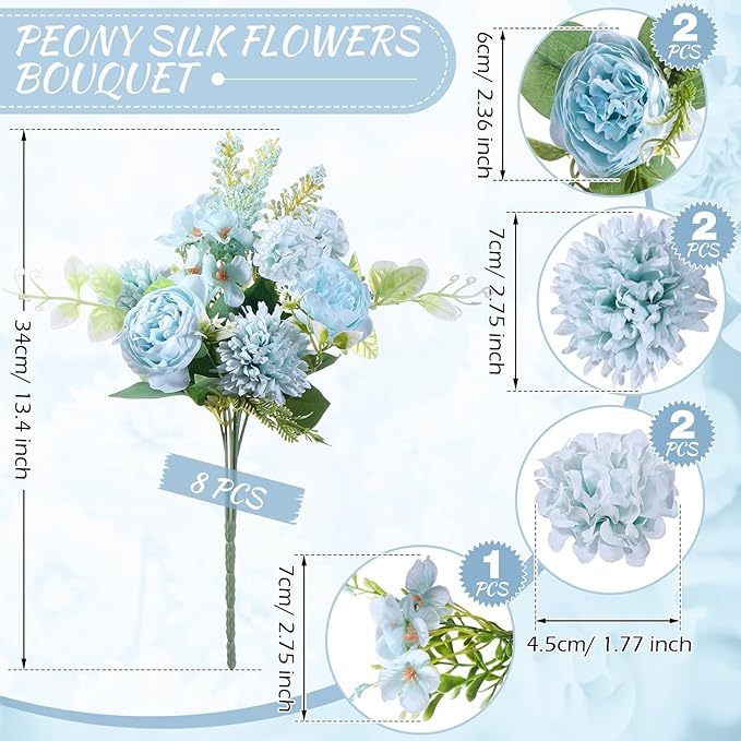Zeyune 8 Pcs Wedding Silk Flowers Fake Silk Flowers Faux Bouquet Hydrangea - Image 2