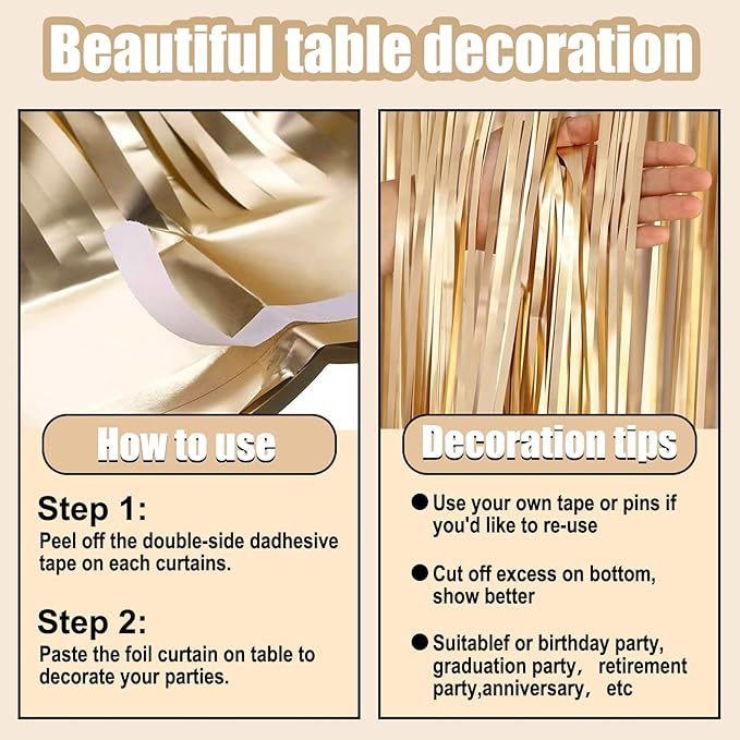 3 Pack 29 x108 Inch Champagne Gold Foil Fringe Table Skirts Metallic Banner - Image 3