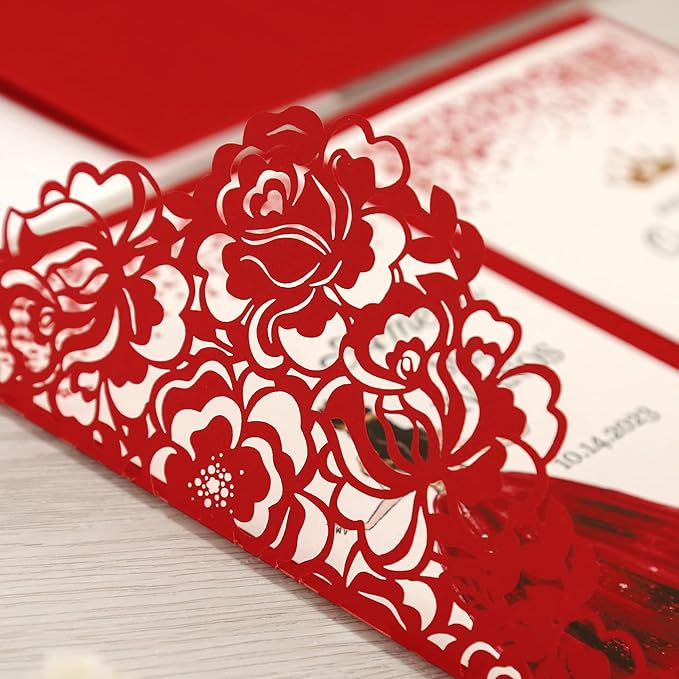 DORIS HOME 50pcs Laser Cut Quinceanera Invitations Red, 4.7x7.1 Personalized - Image 5