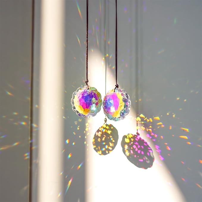 HDCRYSTALGIFTS Set 2 AB Color Crystal Suncatcher Datura Shaped Pendant Rainbow - Image 3