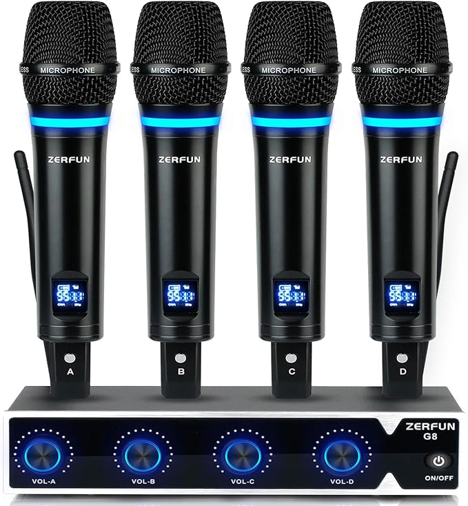 4 Channel Rechargeable Wireless Microphone System, Pro UHF Metal Handheld by ZERFUN