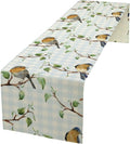 Bird Table Runner, Spring Birds Tree Blue Plaid Print Table Runner by Unknown
