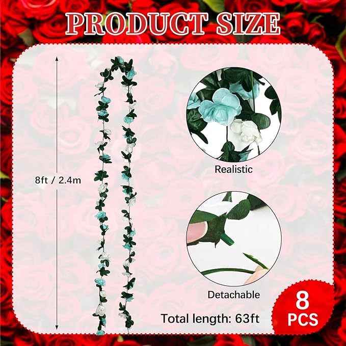 16Pcs 126Ft Teal&White Rose Garland, Fake Rose Hanging Flowers, Artificial - Image 2