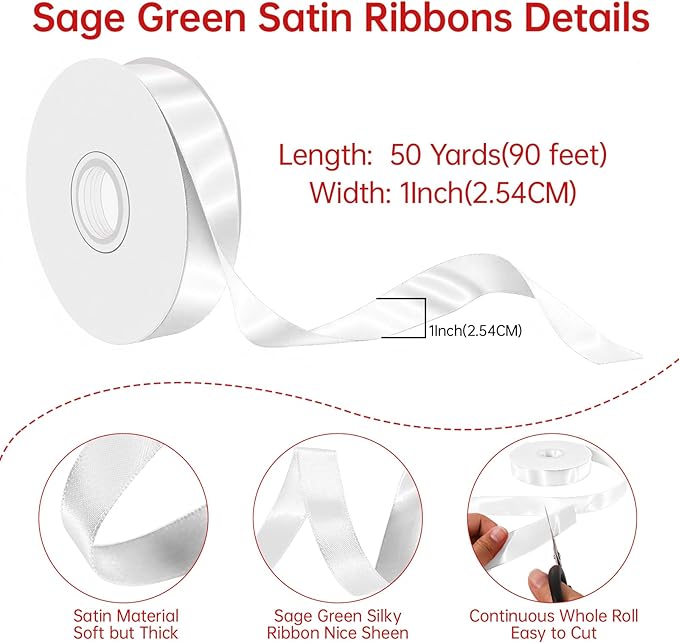 White Satin Ribbon 1 Inch Wide x 50 Yards Polyester, Double Faced Ribbon - Image 2