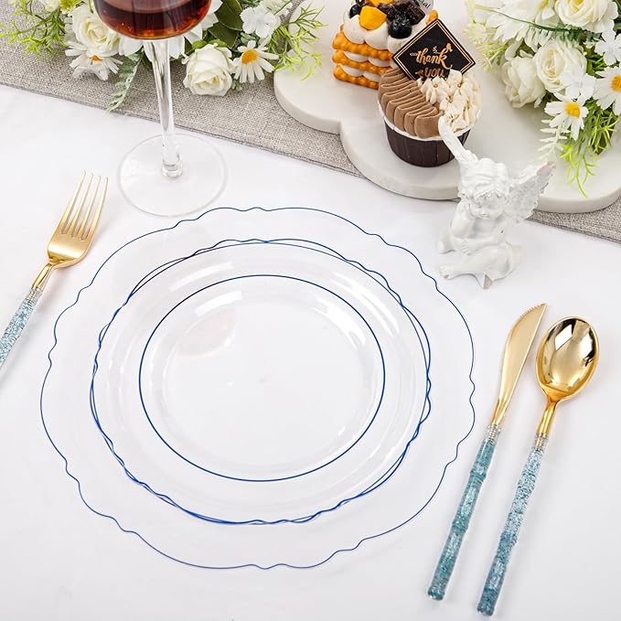 Liacere 150PCS Clear and Blue Plastic Plates-Clear and Blue Disposable Plates - Image 6
