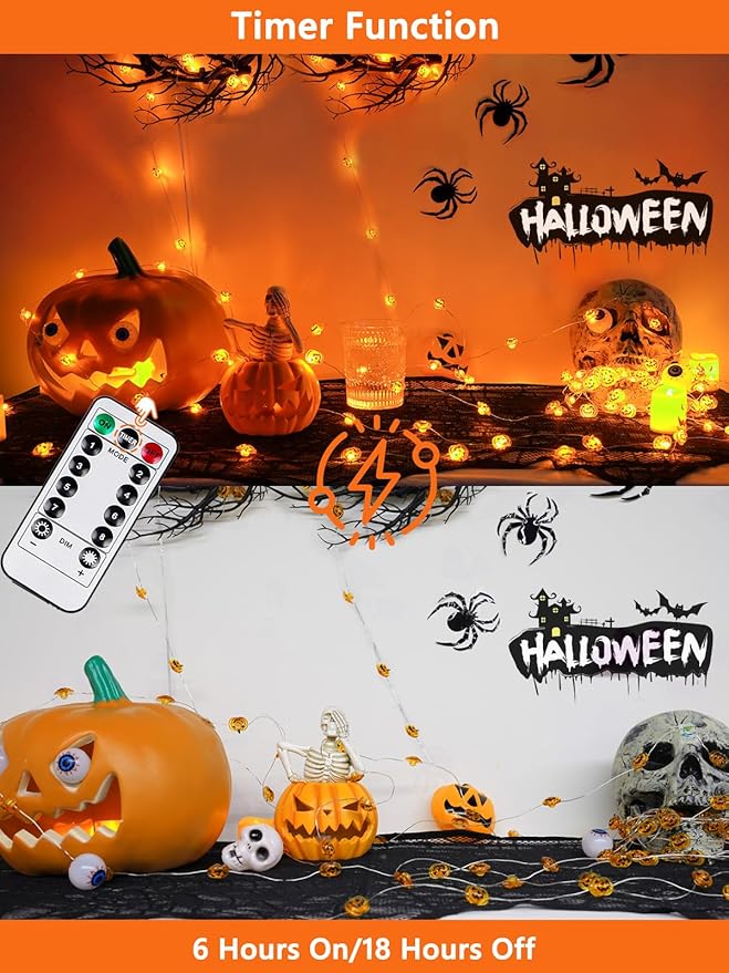 Halloween Fairy Lights Battery Operated 15Ft 40LED Orange Pumpkin String Lights - Image 3