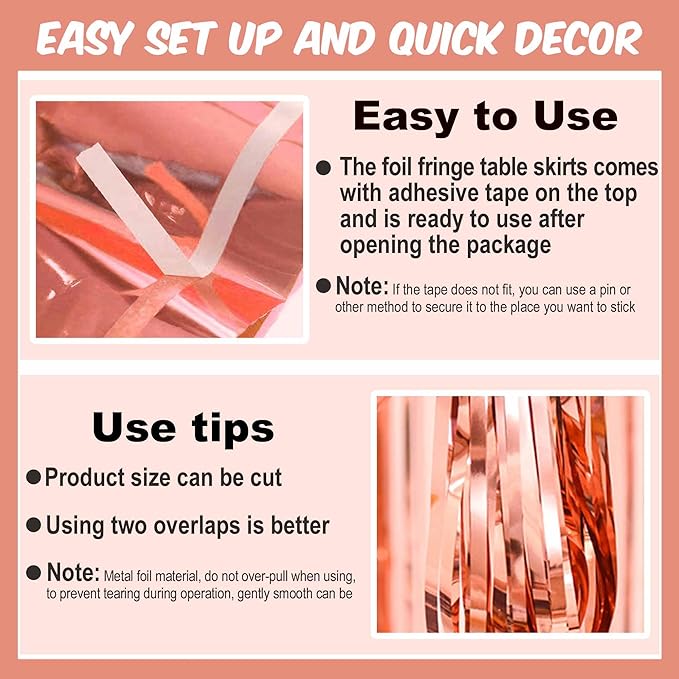 3 Pack 29 x108 Inch Rose Gold Foil Fringe Table Skirts Metallic Banner - Image 2