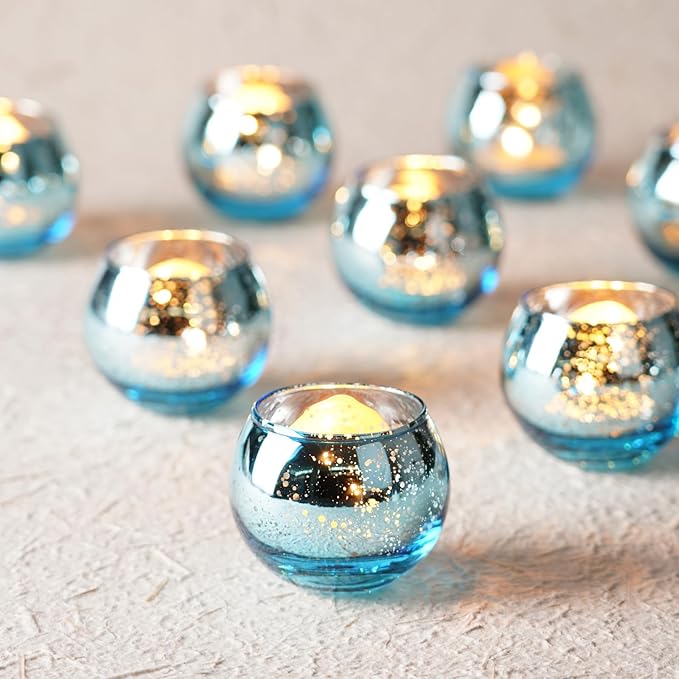 Homemory 12 Pcs Blue Votive Candle Holders, Round Mercury Glass Candle Holder by Homemory