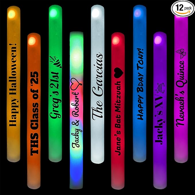 Pack of 12 Custom LED Party Foam Light Sticks Batons by MR+PARTY+KING