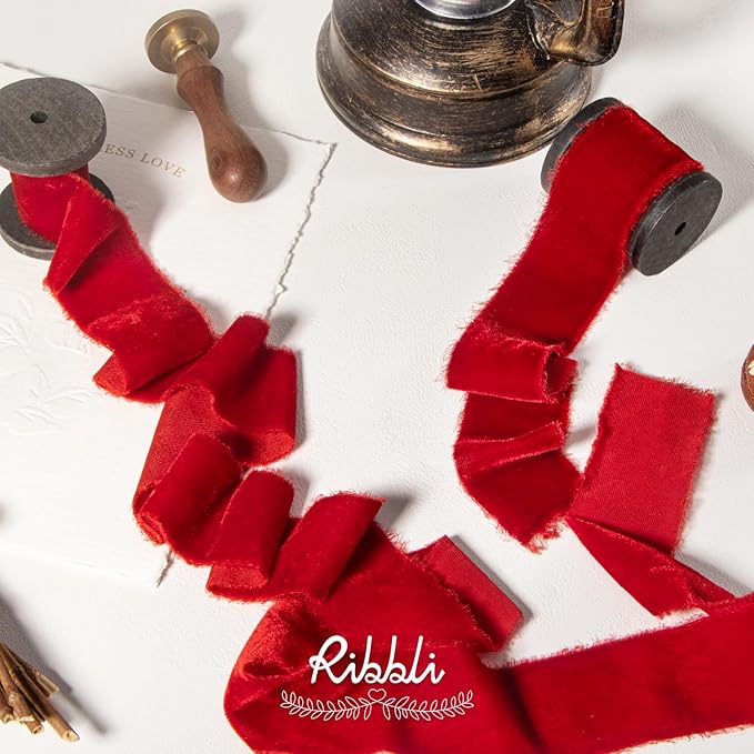 Ribbli Red Velvet Ribbon 1.5 Inch Handmade Frayed Vintage Christmas Ribbon - Image 2