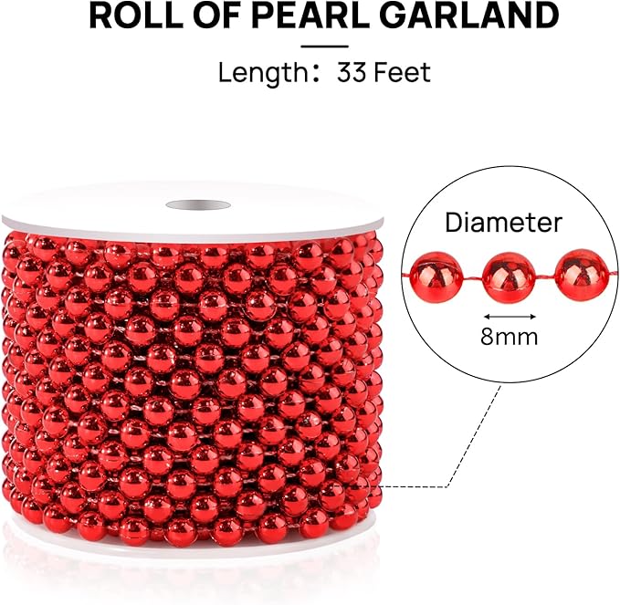 Red 8MM Faux Pearl Garland, 33 Feet Roll Strand Wedding Party Decoration - Image 4