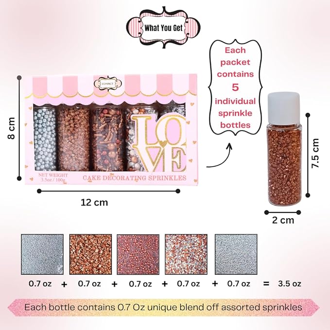 Confect-Rose Gold Edible Cake Sprinkles Mix – Pearl Dragees, Bronze Sparkling - Image 4