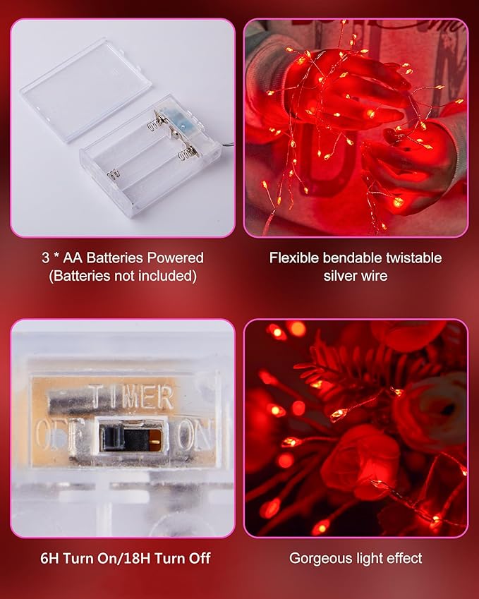 Red Fairy Lights Battery Operated, Valentine's Day Silver Wire 5 Feet 60 Led - Image 4