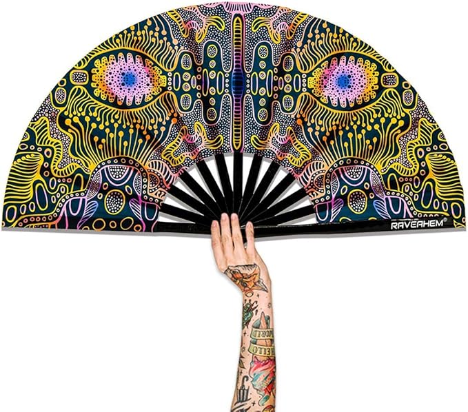 UV Glow Rave Fan, Bamboo Folding Clack Hand Fans Foldable by Raveahem
