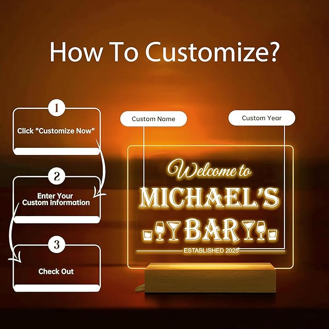 Personalized Bar Gifts for HOME BAR, Custom Name Date Acrylic Light Up Signs - Image 3