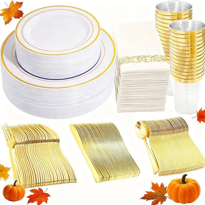 350 Pieces White and Gold Plastic Plates by WDF
