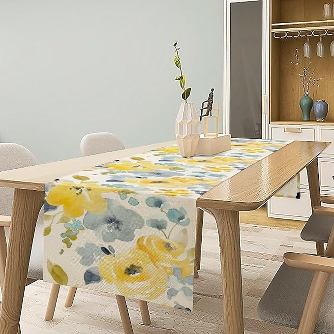 Watercolor Floral Table Runner, Seasonal Summer Yellow Flower Print Kitchen - Image 6