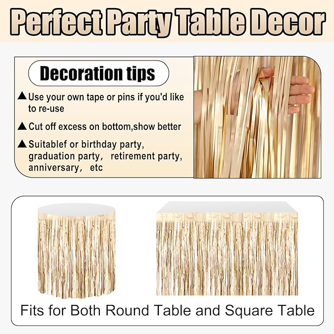 3 Pack 29x108 Inch Champagne Gold Foil Fringe Table Skirts Metallic Banner - Image 3