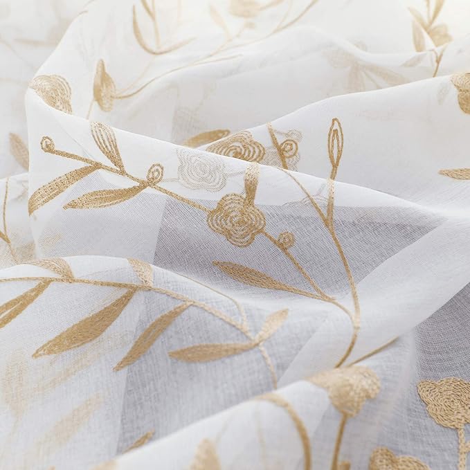 Sheer Curtains with Desin White-Beige Floral Embroidery 84 Inch Long Rod Pocket - Image 6