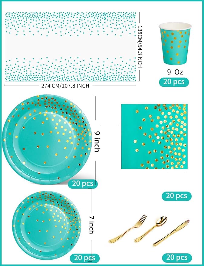 141 Pieces Blue Green and gold Party Supplies, Party Dinnerware Sets Include - Image 3