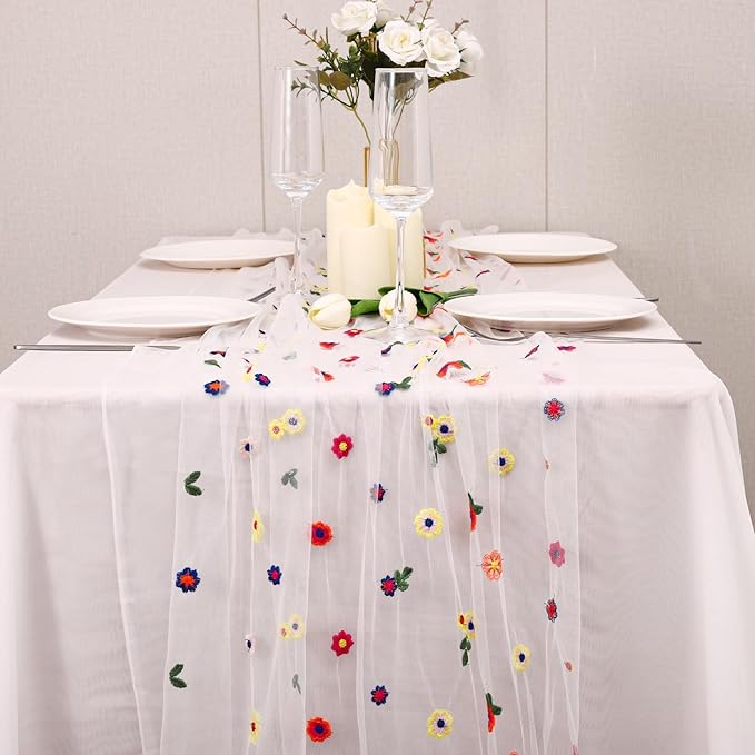 3PCS Lvory Floral Table Runner 10 FT, Embroidery Daisy Table Runners Seasonal - Image 5