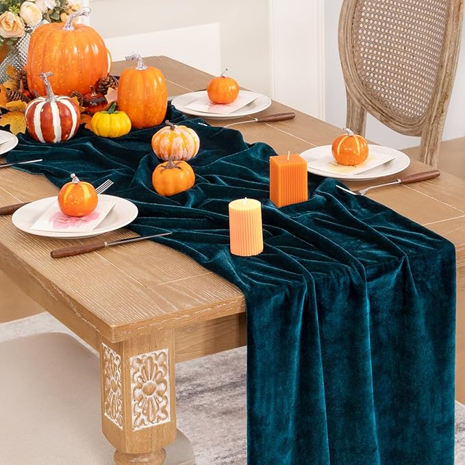 Peacock Green Velvet Table Runner Fall Thanksgiving Turquoise Table Runner 20 x - Image 5