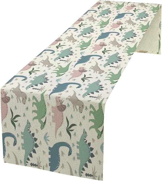 Cartoon Dinosaur Table Runner, Kids Boys Cute Colorful Animal Dino Abstract by Kurtect