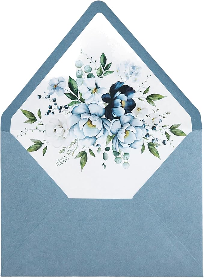PONATIA 50PCS A7 Euro Flap Envelopes, 5.25 x 7.25'' Dusty Blue Flowers Liner by ponatia