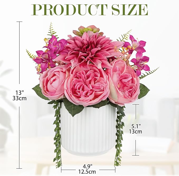 Briful 13" Faux Flower Arrangement in White Ceramic Vase – Pink Artificial - Image 2